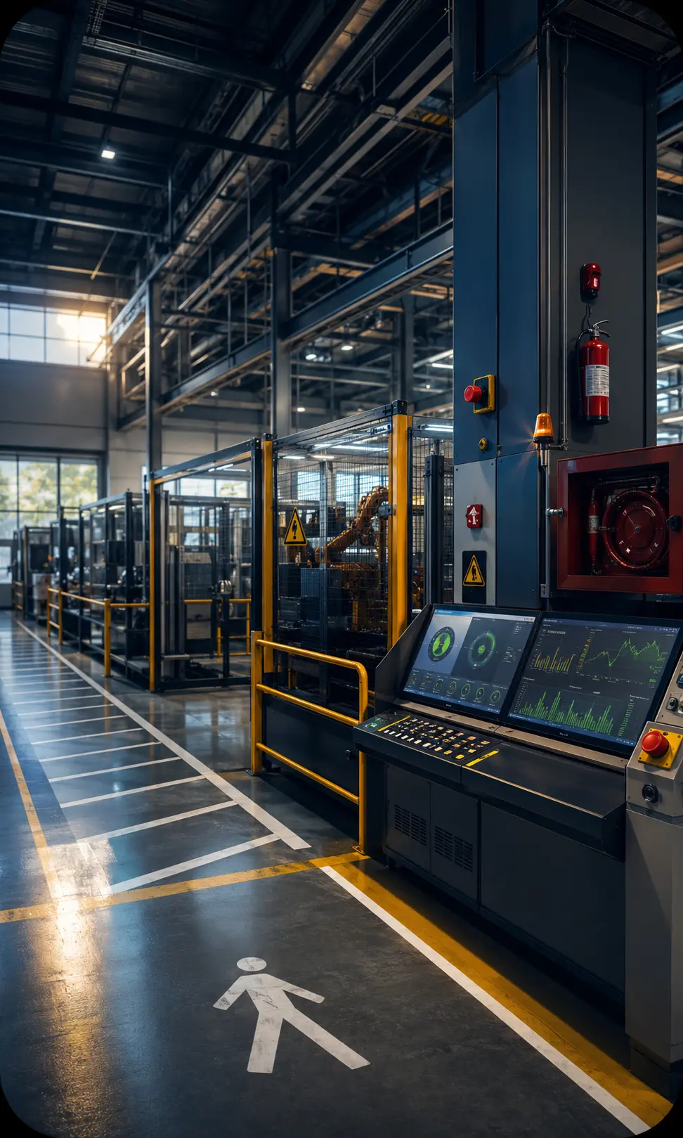Digital safety monitoring dashboard displaying live equipment data beside a guarded industrial robotic workstation