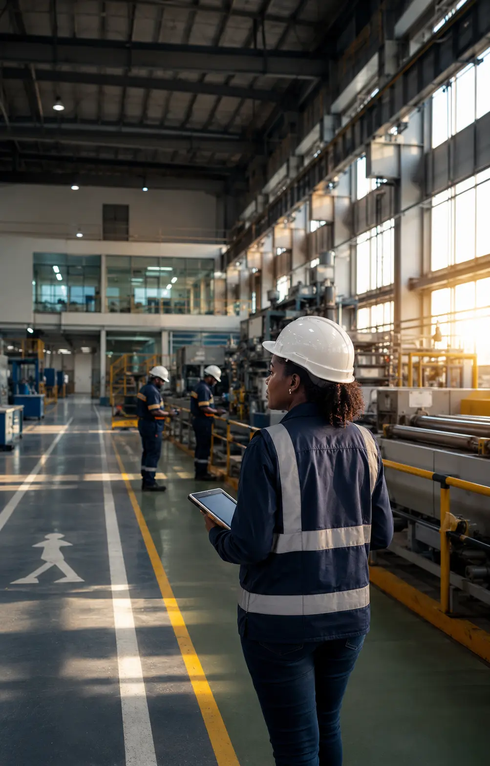 Safety officer wearing a hi-vis vest and hard hat reviewing a digital inspection checklist on a tablet while walking a factory floor