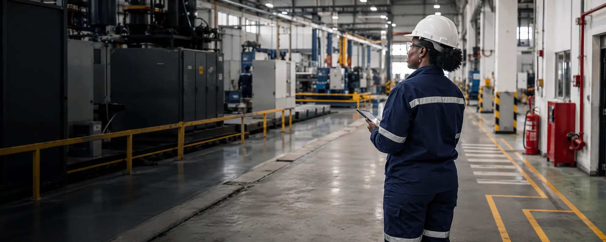 Safety professional in a hard hat reviewing a tablet while walking an industrial facility floor